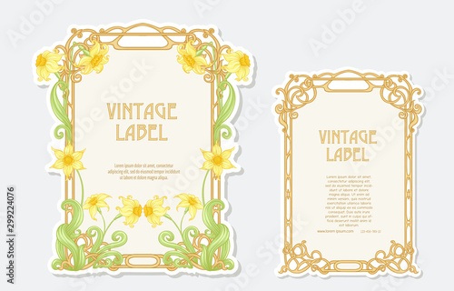 Narcissus. Set of 2 labels, decorative frames, borders. Good for product label with place for text Colored vector illustration. In art nouveau style, vintage, old, retro. Isolated on white background. photo