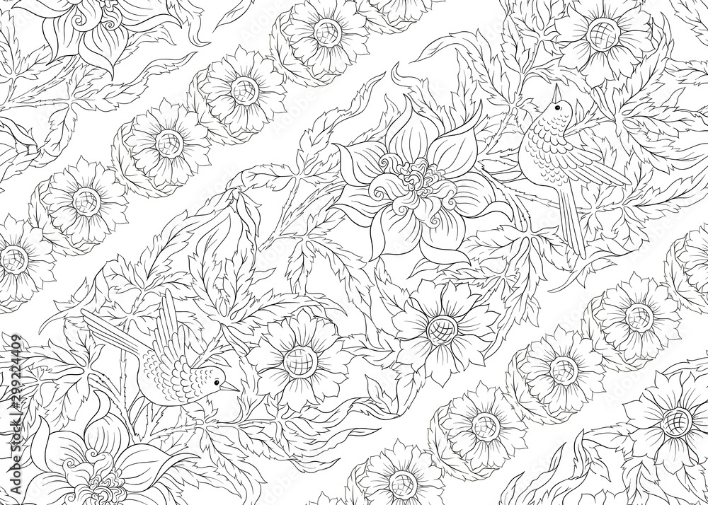 Floral Seamless pattern, background with bird In art nouveau style, vintage, old, retro style. Outline hand drawing vector illustration...
