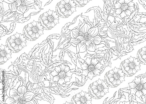 Floral Seamless pattern, background with bird In art nouveau style, vintage, old, retro style. Outline hand drawing vector illustration...