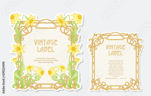 Narcissus. Set of 2 labels, decorative frames, borders. Good for product label with place for text Colored vector illustration. In art nouveau style, vintage, old, retro. Isolated on white background.