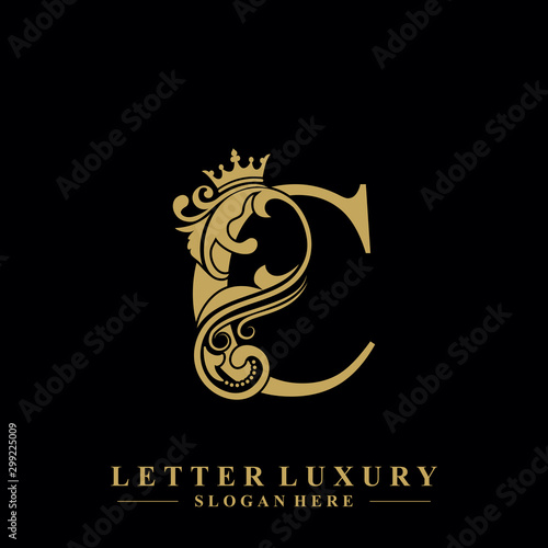 Initial letter C luxury beauty flourishes ornament with crown logo template.