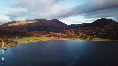 aerial footage of loch linnhe shot from duror on the west coast of scotland in the argyll region of the highlands of scotland showing corran ferry straight and shuna and lismore islands photo