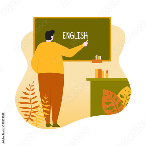 English Teacher Standing in front of Classroom with Blackboard Flat Illustration