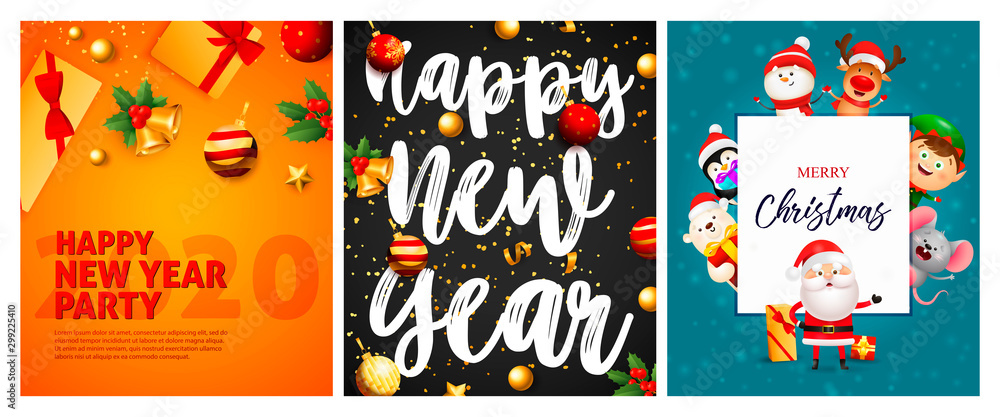 Happy New Year orange, black, blue banner set with animals
