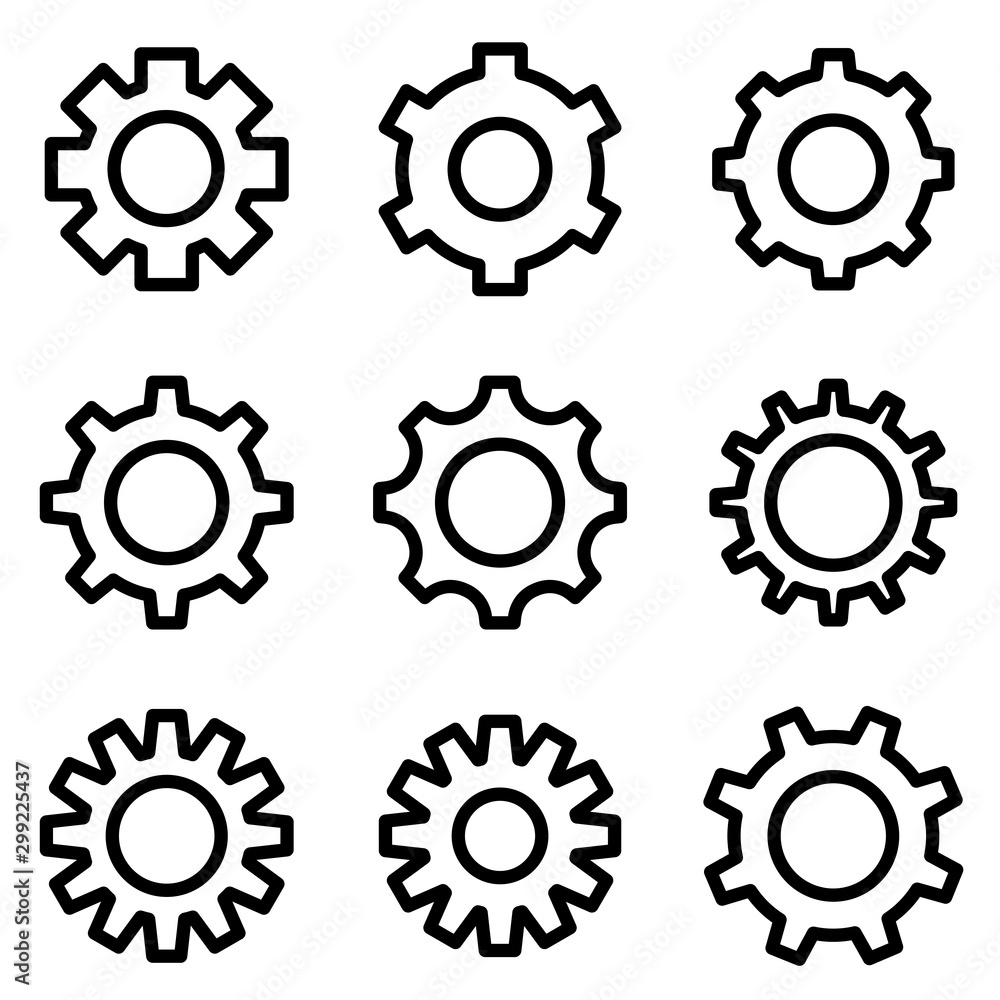 Set of gear icon. symbol of setting or configuration with trendy flat line style icon for web, logo, app, UI design. isolated on white background. vector illustration eps 10 Set of gear icon. symbol of setting or configuration with trendy flat line style icon for web, logo, app, UI design. isolated on white background. vector illustration eps 10
