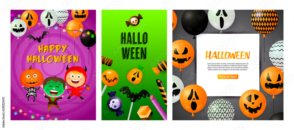 Happy Halloween pink, green, gray banner collection with balloon