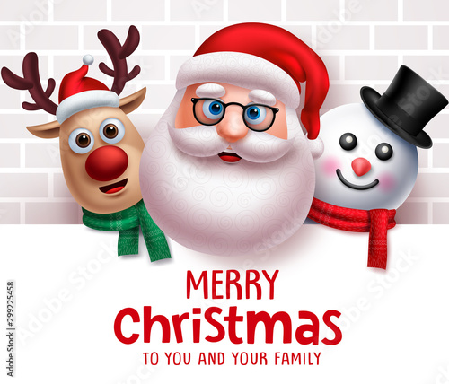 Santa claus christmas characters vector background template. Merry christmas greeting text from santa claus, reindeer and snowman character in white board with empty space for messages in white wall.