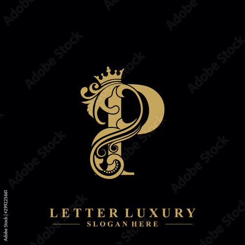 Initial letter P luxury beauty flourishes ornament with crown logo template.