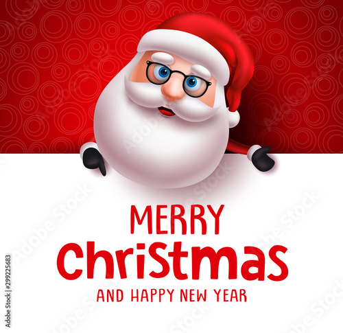 Santa claus vector christmas greeting card template. Santa claus character holding white board with christmas greeting text for holiday season in white with empty space for messages in red background.