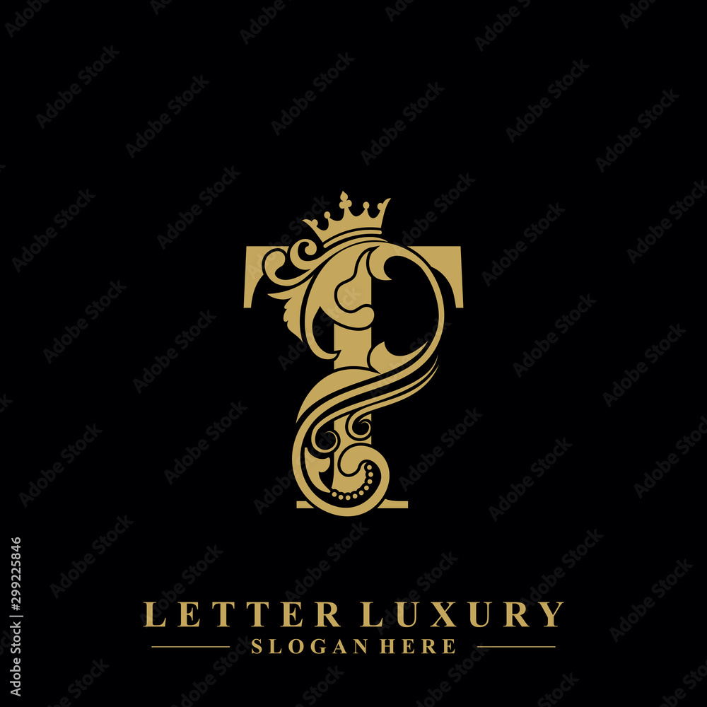 Initial letter T luxury beauty flourishes ornament with crown logo ...