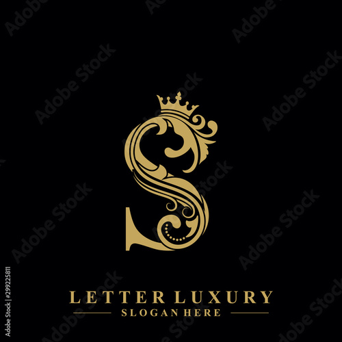 Initial letter S luxury beauty flourishes ornament with crown logo template.