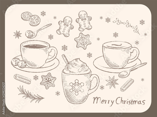 Wintertime and Christmas cookies and hot coffee. Vintage style vector illustration for menu  poster or other use.