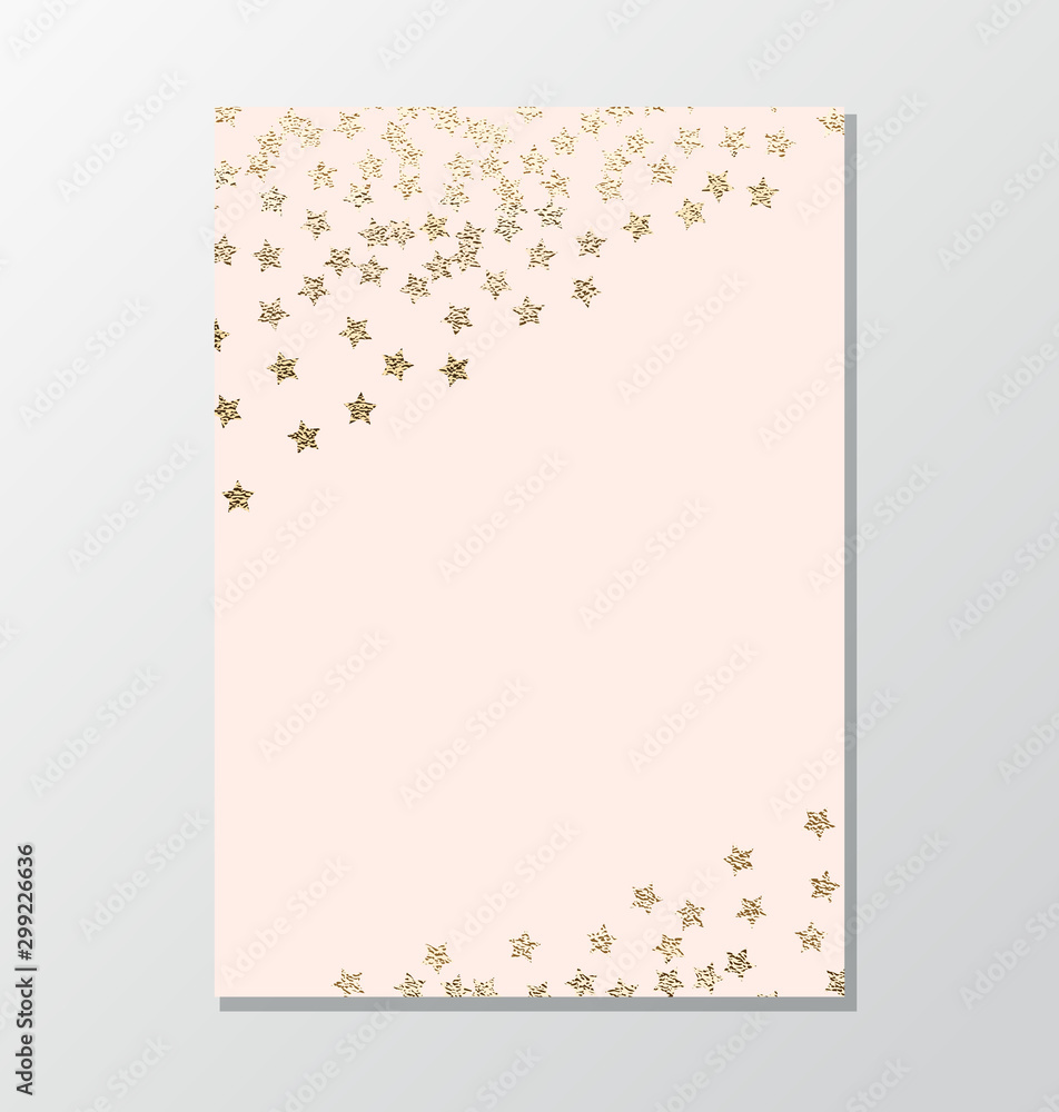 Minimalist invitation card with gold glitter stars in corner on pastel pink background. Minimalist invitation card with gold glitter stars in corner on pastel pink background.