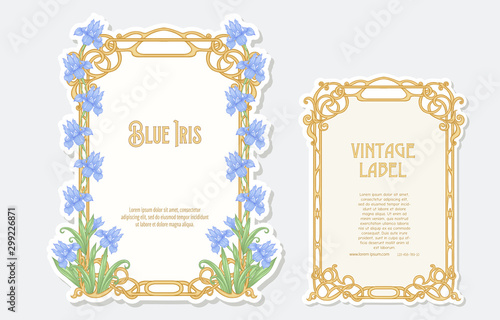Iris flower. Set of 2 labels, decorative frames, borders. Good for product label. with place for text. Vector illustration. In art nouveau style, vintage, old, retro style. Isolated on white..