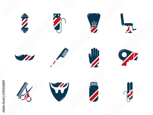barber shop accessories tools cosmetics icons set