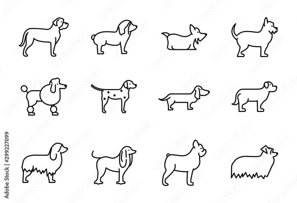 set of dogs breed standing icons linear style