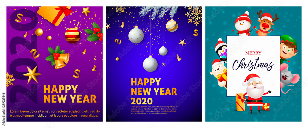 Happy New Year violet, blue banner set with Santa Claus