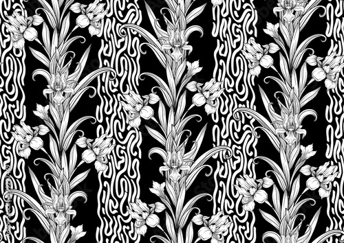 Iris flower, fleur-de-lis, flower-de-luce, flag. Seamless pattern, background. Black and white graphics. Vector illustration. In art nouveau style, vintage, old, retro style. In botanical style.