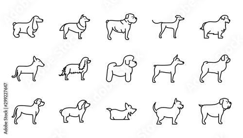 set of dogs breed standing icons linear style