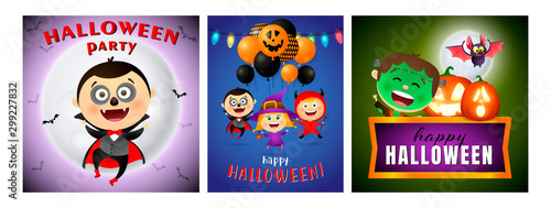 Halloween party blue, green banner set with vampire