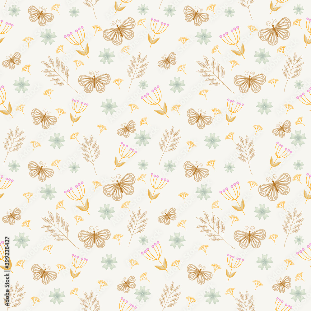 Seamless background with leaves flowers, butterflies, decor elements on a neutral background. Vector flat style. hand drawing. the theme of plants. Design for fabric, textile, wrap, print.