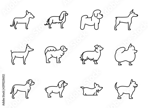 set of dogs breed standing icons linear style