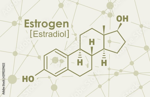 Chemical molecular formula hormone estrogen. Infographics illustration. Connected lines with dots background.