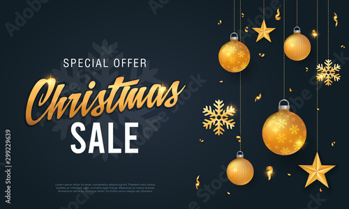 Christmas sale banner black background template with glitter gold elements, snowflakes, stars