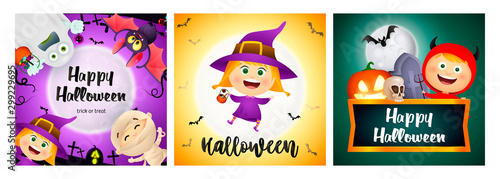 Halloween party banner set with witch, ghost, devil, mummy