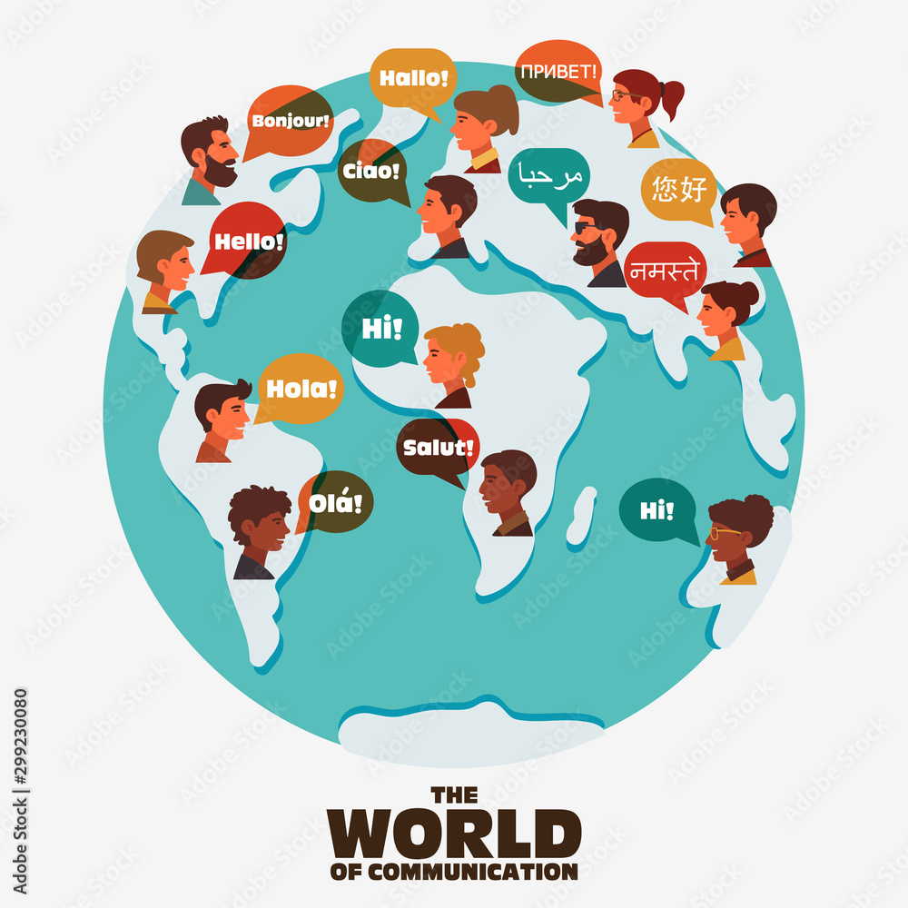 Set of social people on World map with speech bubbles in different languages. Male and female faces avatars. Communication, chat, assistance, interpretation and people connection vector concept Set of social people on World map with speech bubbles in different languages. Male and female faces avatars. Communication, chat, assistance, interpretation and people connection vector concept