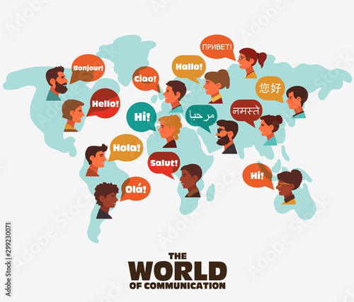 Set of social people on World map with speech bubbles in different languages. Male and female faces avatars. Communication, chat, assistance, interpretation and people connection vector concept