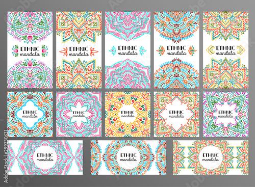 Graphic round mandala abstract banner set.Boho indian shape card.Ethnic oriental style.