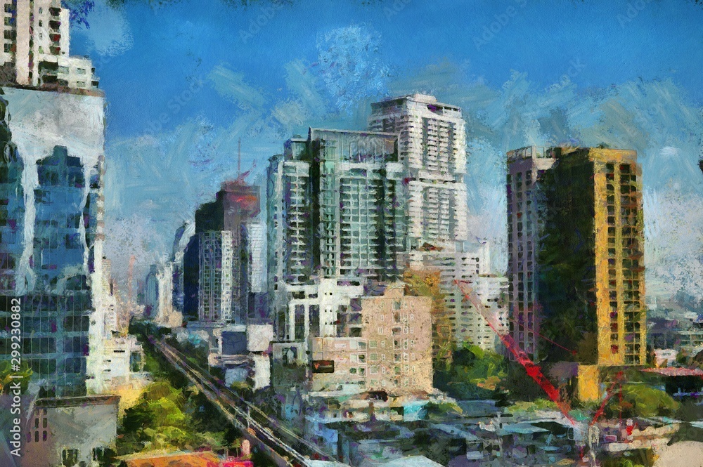 The landscape of the city center of Bangkok Illustrations creates an impressionist style of painting.