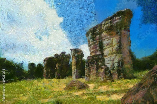 Large natural stone pillars Illustrations creates an impressionist style of painting.