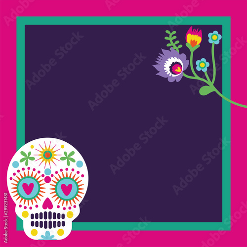dia de los muertos card with skull and flowers frame