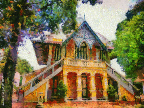 Ancient house gothic style ancient house Illustrations creates an impressionist style of painting.