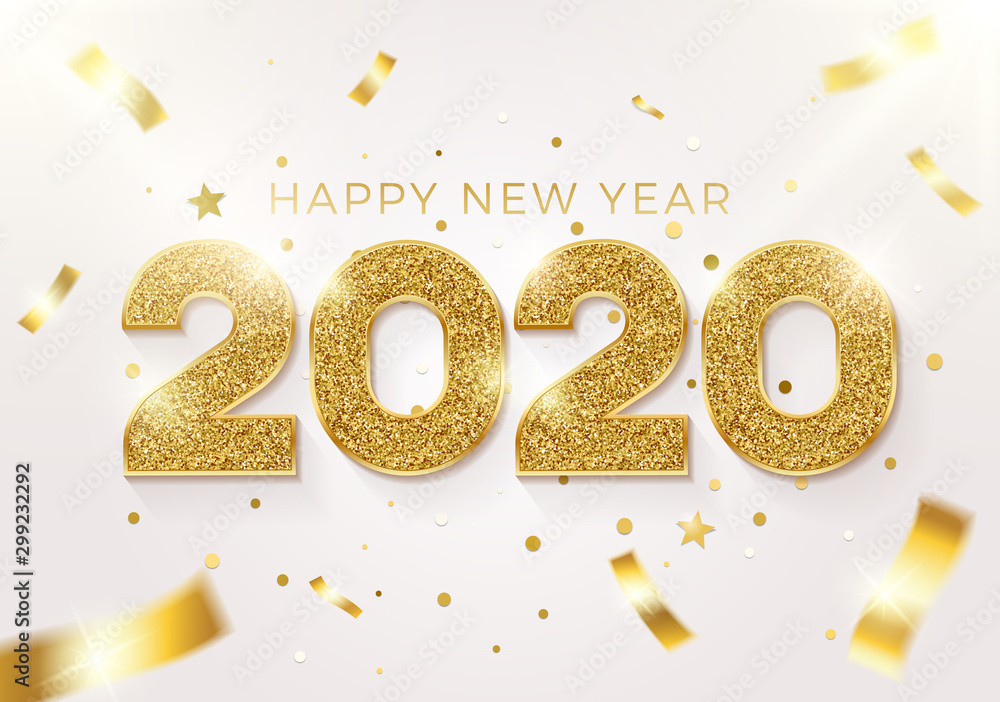 Happy new year 2020 background. Vector realistic illustration with golden glitter text on a background with conffeti falling. Greeting card, poster and banner design Happy new year 2020 background. Vector realistic illustration with golden glitter text on a background with conffeti falling. Greeting card, poster and banner design