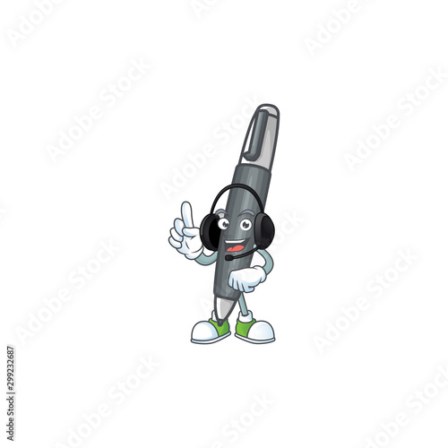 With headphone black ballpoint cartoon character with mascot