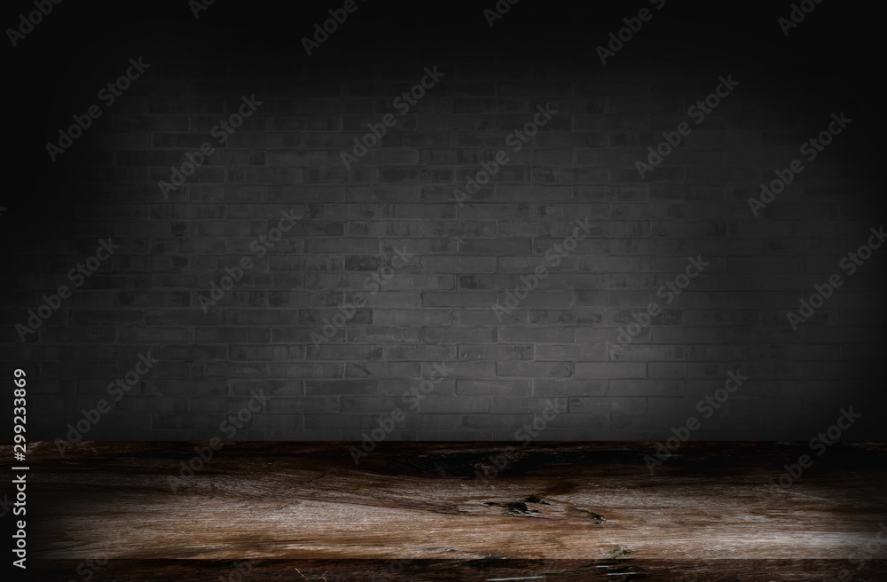 Empty top retro wooden table with dark black brick wall background Empty top retro wooden table with dark black brick wall background