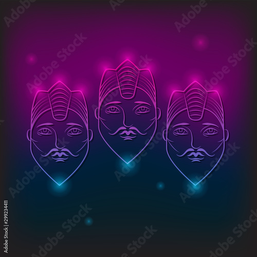 three faces with beard in crown with neon light and glare on isolated background. Vector image.