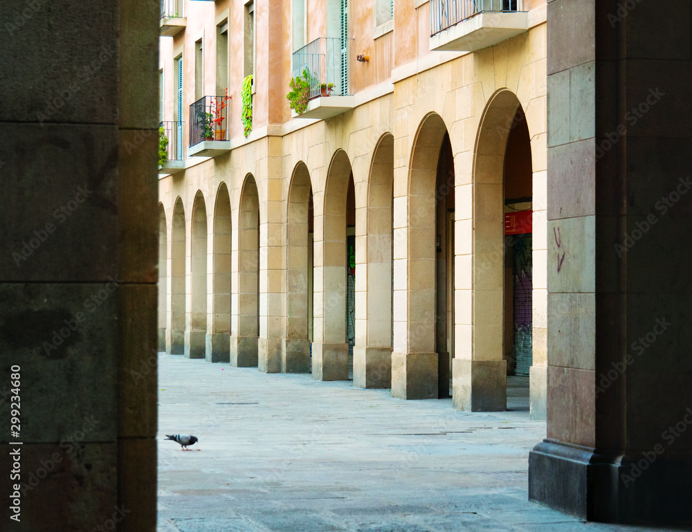 Barcelona, Spain - august 2019: vintage beige building with arches and columns in the center of Barcelona, middle view. Dove near building with balconies. Selective soft focus. Blurred background
