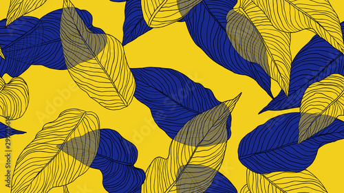 Foliage seamless pattern, leaves line art ink drawing in blue and yellow on yellow