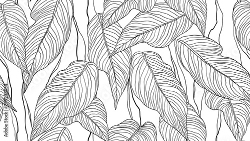 Foliage seamless pattern, leaves line art ink drawing in black and white