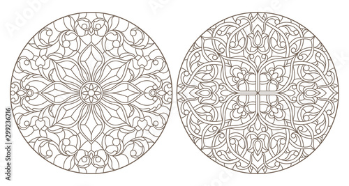 Set contour illustrations of stained glass, round stained glass floral ornaments , dark outline on a white background