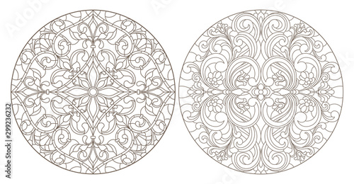 Set contour illustrations of stained glass, round stained glass floral ornaments , dark outline on a white background