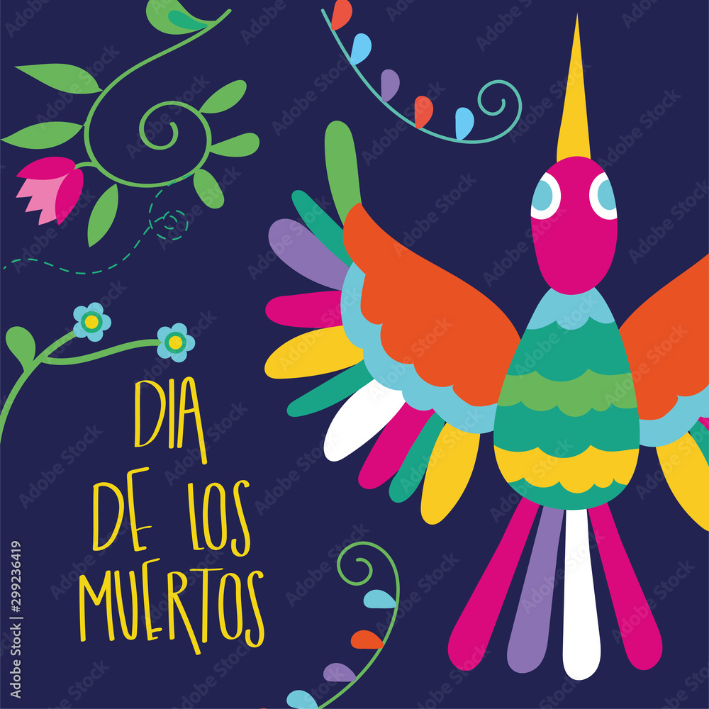 dia de los muertos card lettering with bird and flowers - obrazy, fototapety, plakaty 