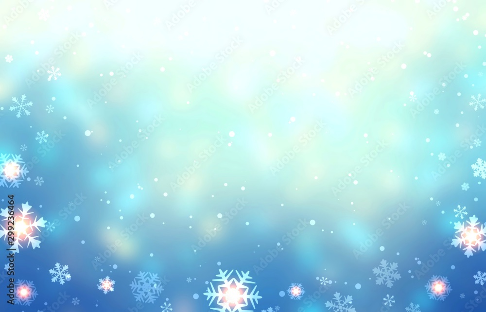 Shiny snowflakes and snow on white blue glare empty background. Festive blurred texture. Winter abstract illustration. Christmas decor. New Year trend image. Shiny snowflakes and snow on white blue glare empty background. Festive blurred texture. Winter abstract illustration. Christmas decor. New Year trend image.