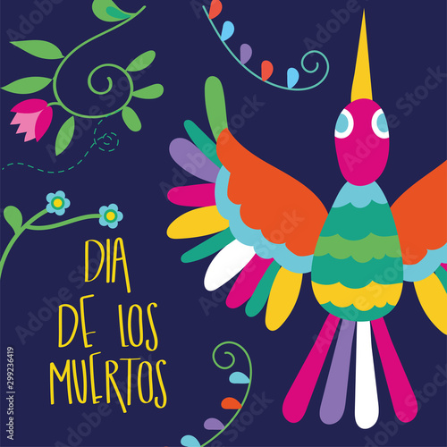 dia de los muertos card lettering with bird and flowers