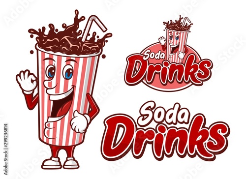 Delicious soda drinks, with funny paper cup cartoon vector, logo template