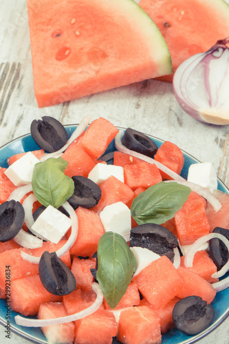 Summer salad of watermelon and feta cheese. Healthy meal containing vitamins and minerals
